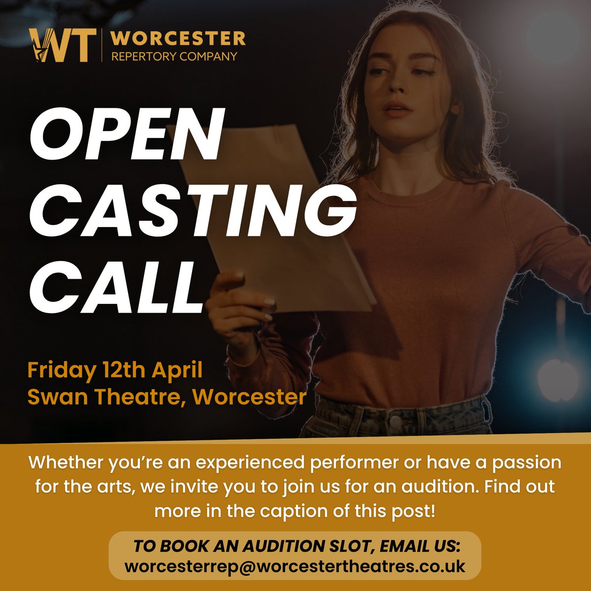1. OPEN CASTING CALL! 📣

Are you an experienced performer or passionate about acting and looking to start your career on stage? Join us for our OPEN AUDITION DAY!🤩

Get to know our producing team, learn about the Worcester REP and be considered for our planned work this year😊