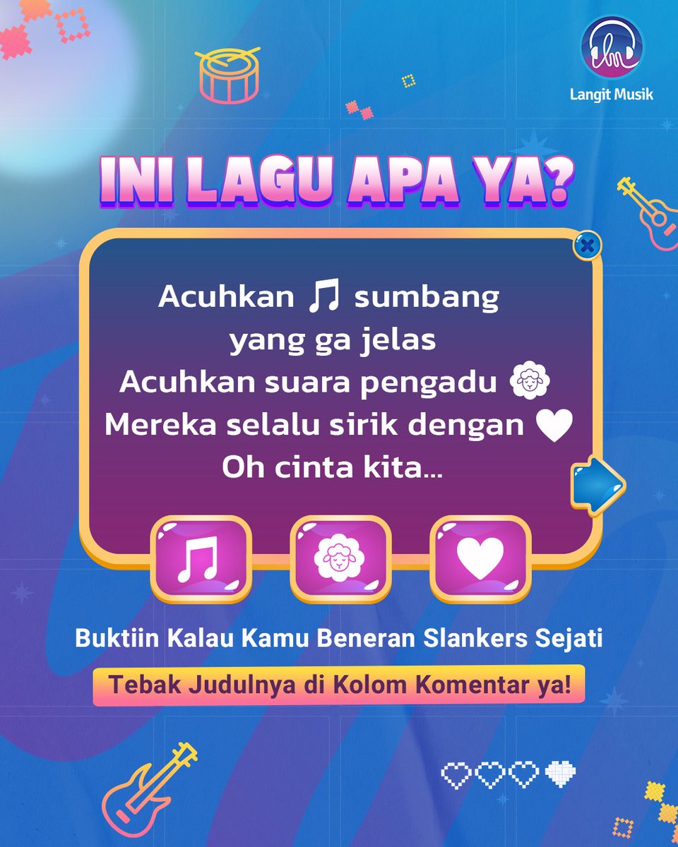 LangitMusik's tweet photo. Kalau kamu beneran Slankers Sejati, harusnya lagu-lagu ini udah di luar kepala ya ges ya! ๐
Cuss langsung jawab di kolom komentar yuk! ๐
#LangitMusik #MusikIndonesia #TunjukanEkspresiMusikMu #MusikIndonesia #LaguPopIndonesia #LaguKekinian #Musik #MusikHits #Slankers #slank https://t.co/ZbyQsdppBn