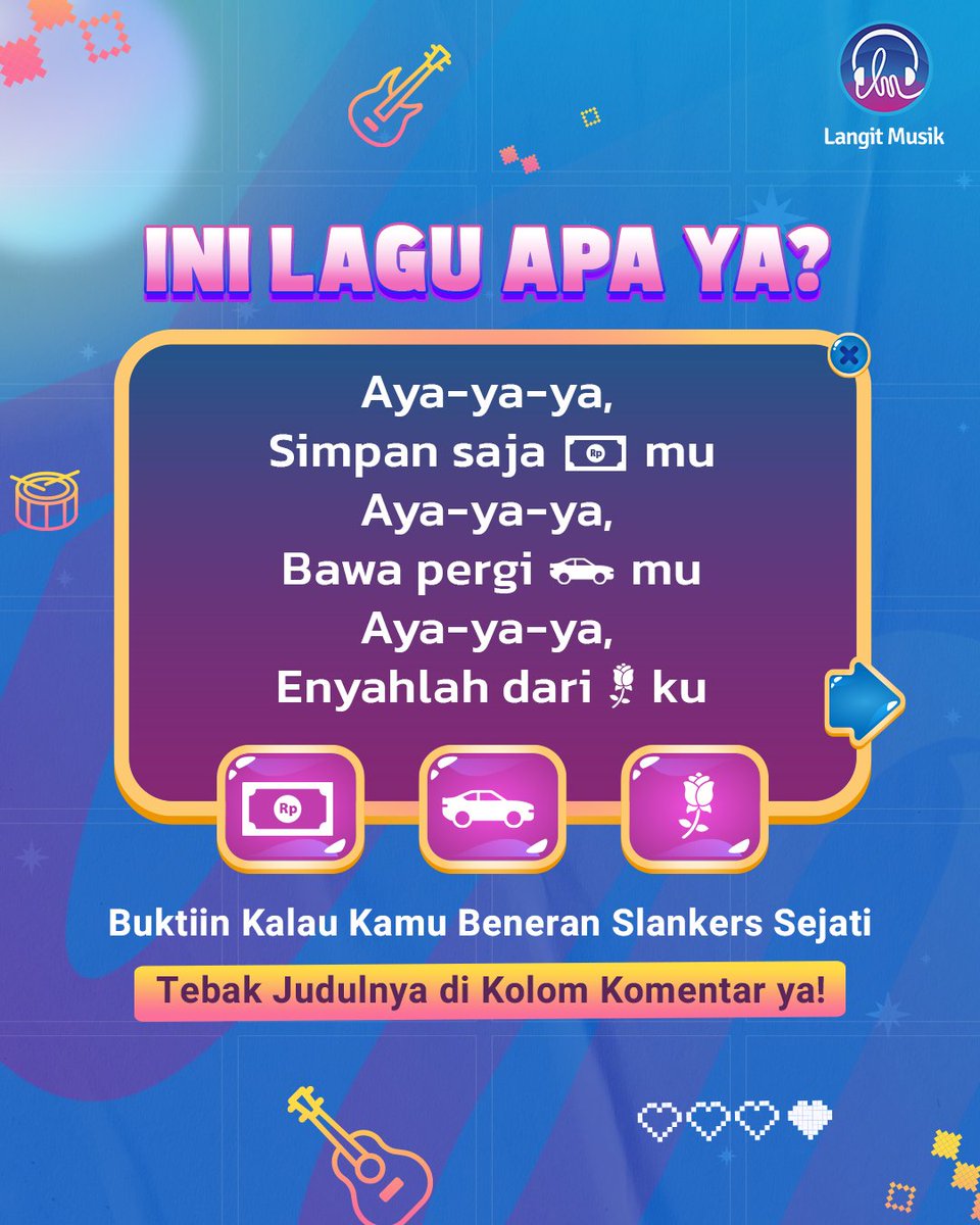 LangitMusik's tweet photo. Kalau kamu beneran Slankers Sejati, harusnya lagu-lagu ini udah di luar kepala ya ges ya! ๐
Cuss langsung jawab di kolom komentar yuk! ๐
#LangitMusik #MusikIndonesia #TunjukanEkspresiMusikMu #MusikIndonesia #LaguPopIndonesia #LaguKekinian #Musik #MusikHits #Slankers #slank https://t.co/ZbyQsdppBn