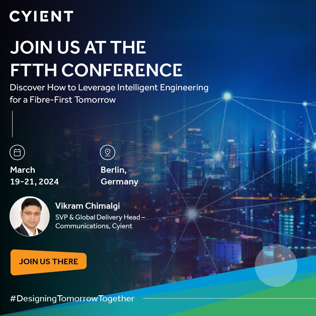 `@VikramChimalgi, SVP & Global Delivery Head Communications, @Cyient, will be taking the stage at the FTTH Conference 2024! Discover his insights on a fibre-first future & meet our #Cyientists to modernize your fibre journey. #FTTxInnovation #SmartFTTx #FTTH2024