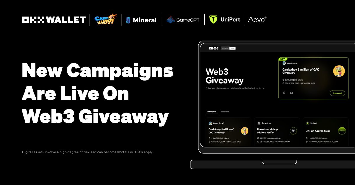 wallet's tweet photo. 🔎 Check out the latest #OKXWeb3 giveaways with @cardsahoygame, @mner_club , @Gamegptofficial, @Uniport_Network &amp; @aevoxyz airdrops!

📱 OKX App:  Wallet > More > Web3 Giveaway
🖥️ Desktop: https://t.co/w5E3TV7lkA

🧵 Stay tuned for more upcoming giveaways in the thread below! https://t.co/B4LsJdNey8