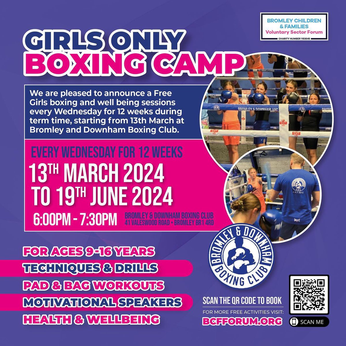 Girls Only Boxing is back! 
BOOK HERE 
bcfforum.classforkids.io/info/60
💪EMPOWERING GIRLS THROUGH BOXING! Health &amp; wellbeing sessions with Bromley and Downham Boxing Club. Sessions are free and run weekly every Wed 6-7.30pm
#Boxing #Bromley #GirlsOnly #EmpoweringWoman #EmpoweringGirls