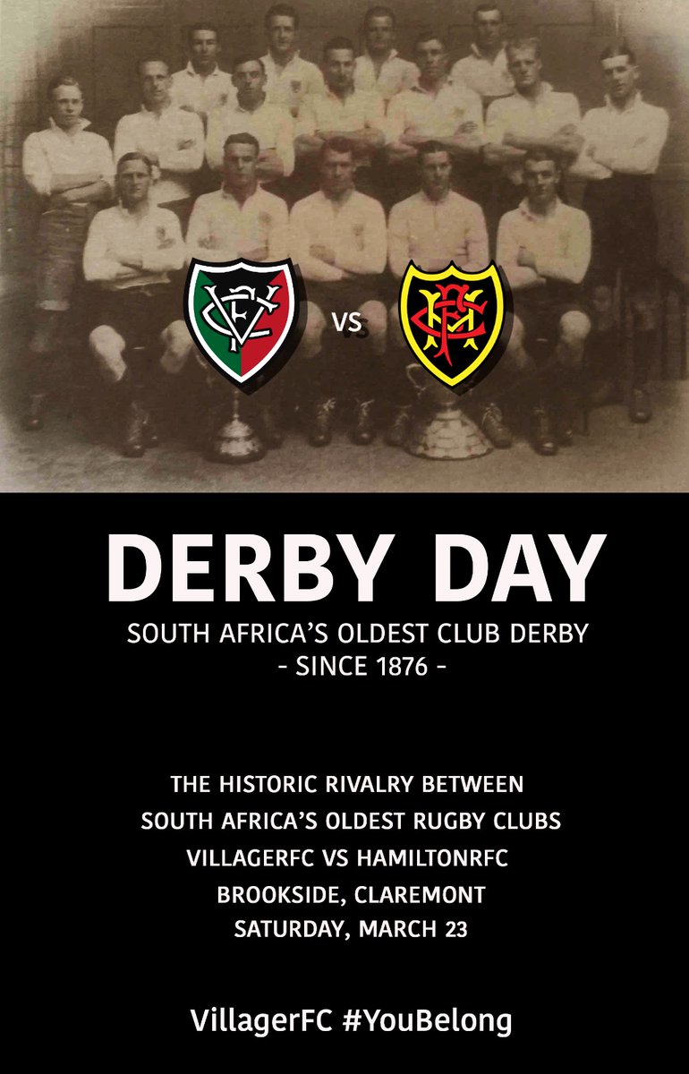 #DerbyDay is this Saturday, 23 March. Villager is hosting @Hamilton_SPRFC at Brookside. SA's oldest club rugby derby. #youbelong #onevillage