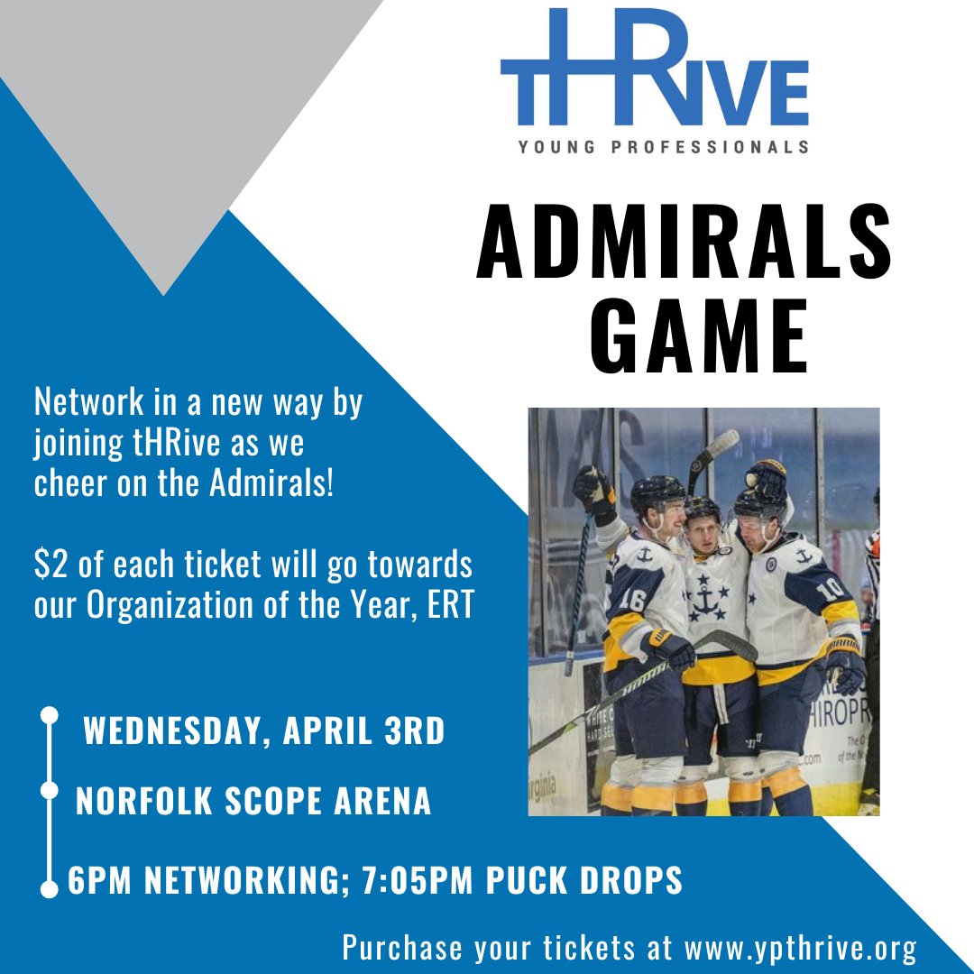 Looking for a way to switch up your networking? 

Join tHRive on April 3rd at the Scope Arena to network with young professionals and cheer on the Norfolk Admirals! 🏒 

For more information and to register: ypthrive.org/events/social-…