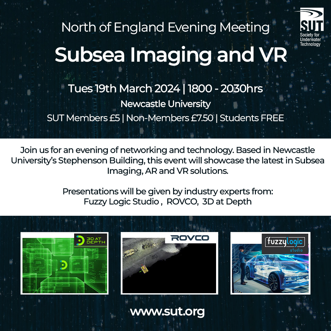 🌊 Tomorrow night! Join us in Newcastle for an evening of networking and #technology. Based in Newcastle University’s Stephenson Building, this event will showcase the latest in #Subsea #Imaging, #AR and #VR solutions. 🎟 Register at sut.org/event/subsea-i… #subseatech