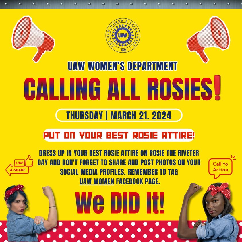 UAW Women's Dept. on X: Calling All Rosie's! This Thursday, March 21, wear  your Rosie attire in celebration of National Rosie the Riveter Day! Be sure  to tag UAW Women! 📷  /