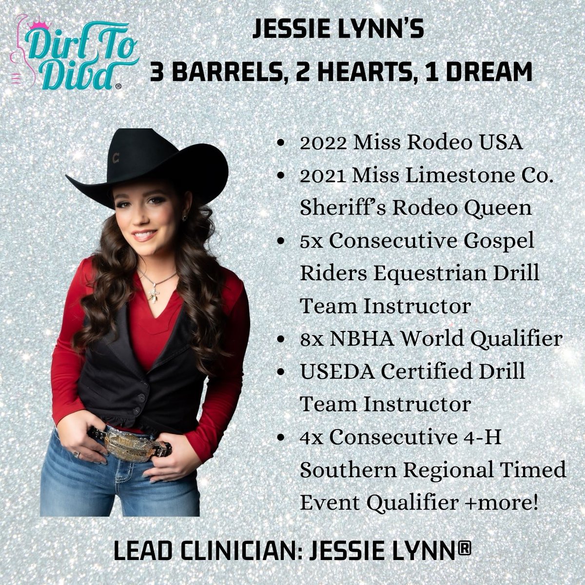 🚨 Dirt to Diva Productions, LLC. 3 Barrels, 2 Hearts, 1 Dream Barrel Racing Clinic Registration Closes Today 🚨

If you have not yet registered for the April 6, 2024 Barrel Racing Clinic, head on over to jessielynn.net and register before midnight tonight!