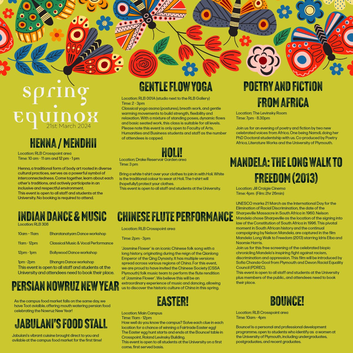 Celebrate heritage, culture, wellbeing and community with us at the Spring Equinox Culture Festival!🎊🌹🌸 

Enjoy Indian dancing, Chinese music, African cuisine, Henna art, yoga and more!🎉🎨💃

For more info, visit: plymouth.ac.uk/whats-on/sprin…
#plymstudenthub #universityofplymouth