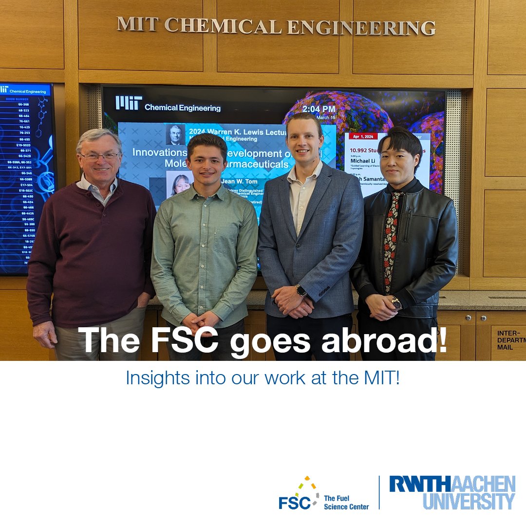 fuelsciencenter's tweet photo. The @fuelsciencecenter supports research stays - for example at @mit! We are cooperating with Prof. T. Alan Hatton from Massachusetts Institute of Technology on electrochemically driven CO2ย capture technologies. #fsc #fuelscience #fuelsciencenter #aachen #mit #research https://t.co/ovh9OD0WLK
