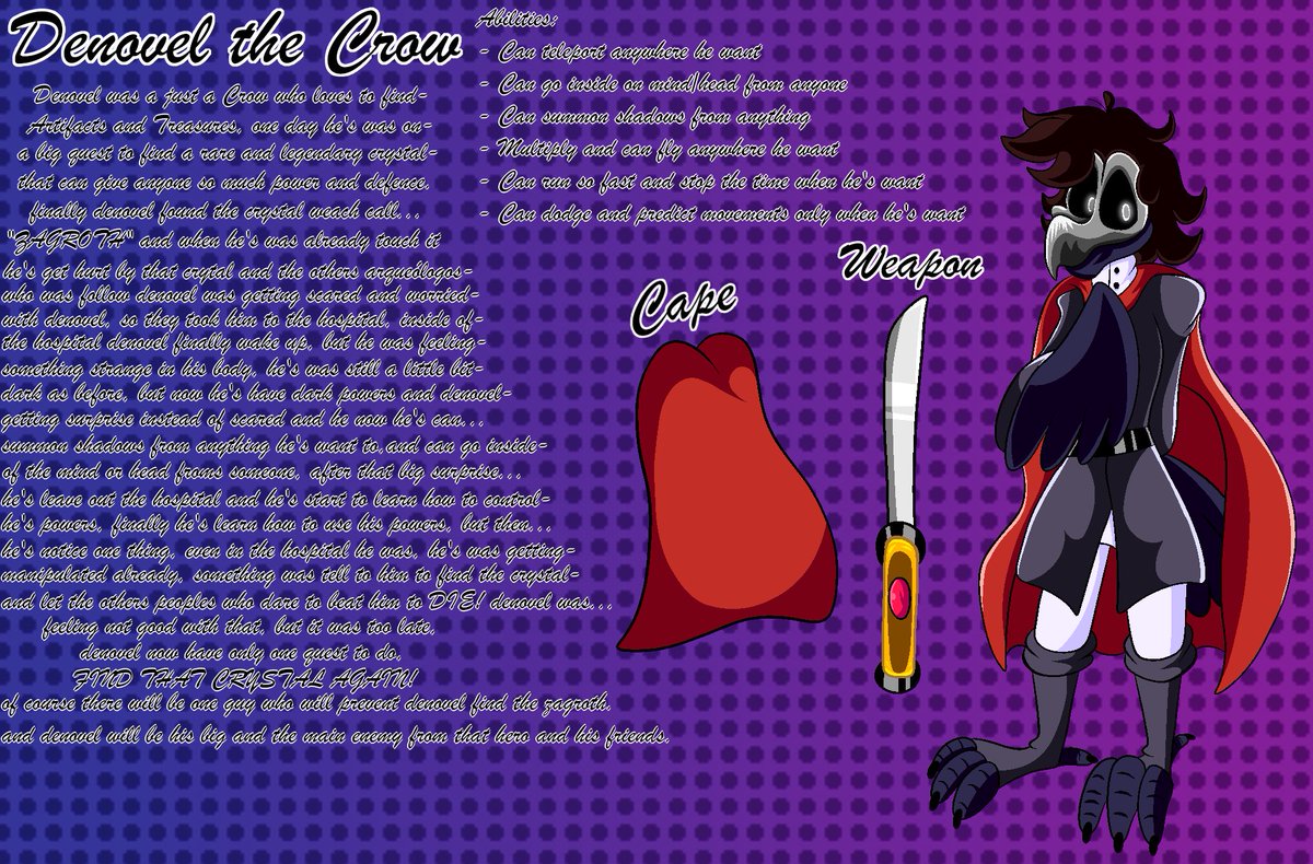 EndrewDraws2007's tweet photo. #originalcharacter #OC #referencesheet #birdcharacter #mainvillain #badguy #animalcharacter #artwork #digitalart #evilcharacter #darkbird 🖤🖤Denovel the Crow - Reference Sheet🖤🖤
https://t.co/a6RFjN5LqE https://t.co/v6E7stg72L