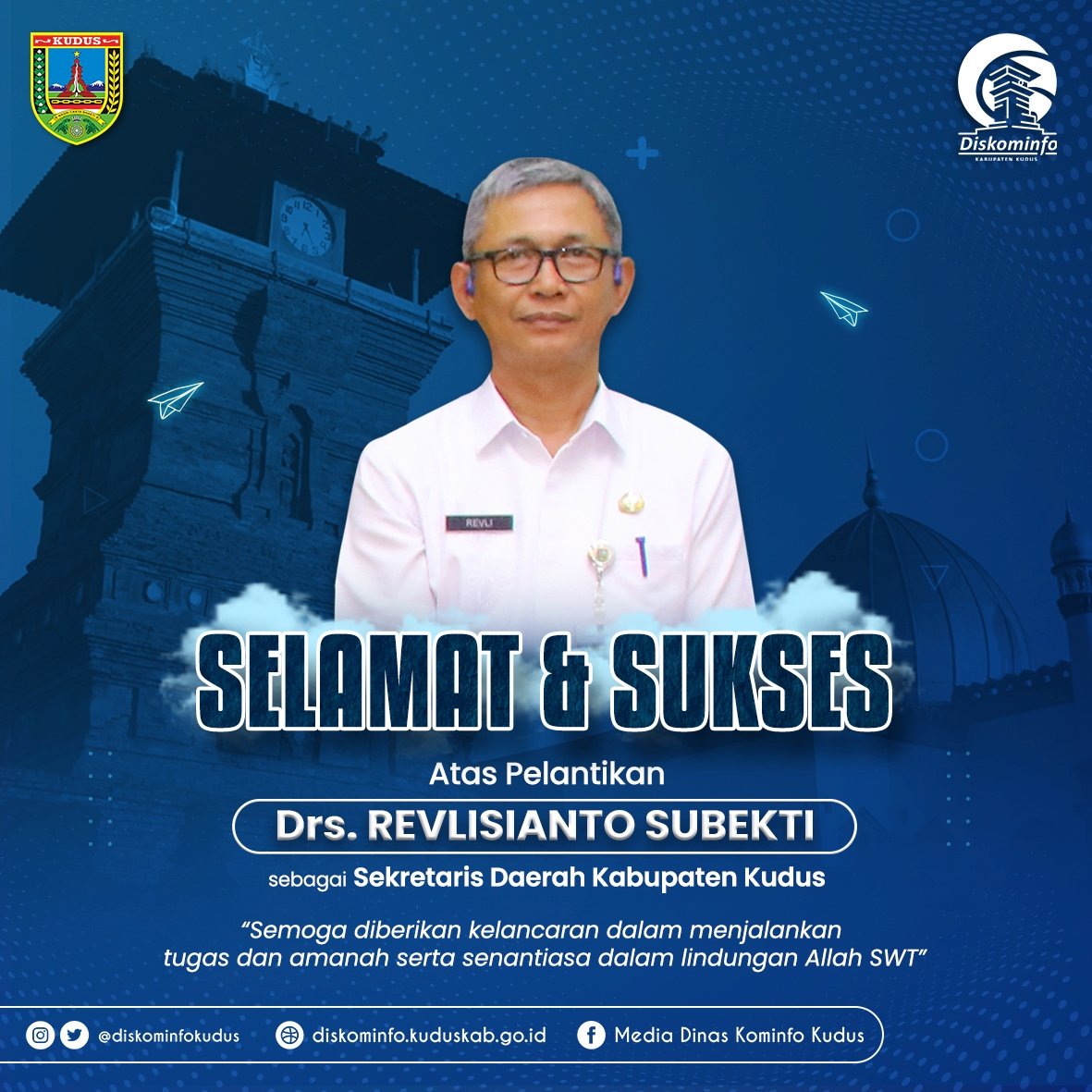 DiskominfoKudus's tweet photo. Selamat dan sukses atas dilantiknya Bapak Drs. Revlisianto Subekti sebagai Sekretaris Daerah Kabupaten Kudus. Semoga amanah dan senantiasa dalam lindungan Allah SWT. Amin ya robbal 'alamin

#sekda https://t.co/R9wXt1c43t