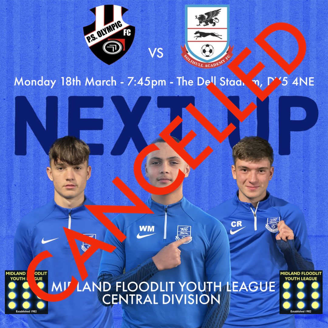 Unfortunately our U18’s Youth Team game tonight against @psolympicfc has been postponed due to a waterlogged pitch

Onto next Mondays game against Tipton Town