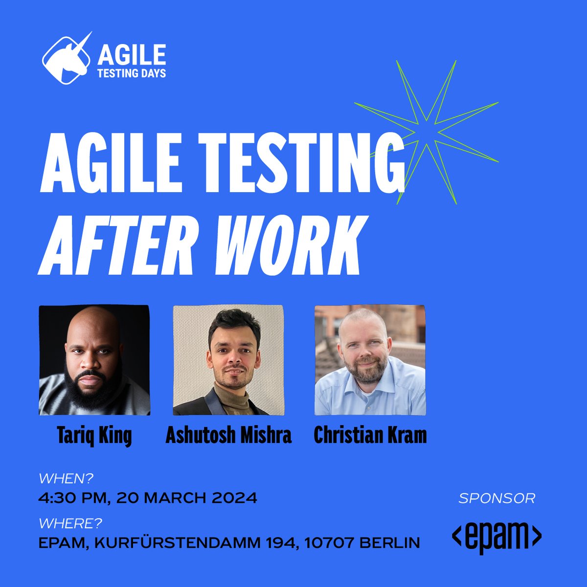On Wednesday, we will meet again! Join our meetup on March 20, 4:30 PM, at the @EPAMSystems office in Berlin. @tariq_king and Ashutosh Mishra will discuss #AI in software development and #testing and Chrstian about questioning techniques Sign up: meetup.com/agile-nights-b…