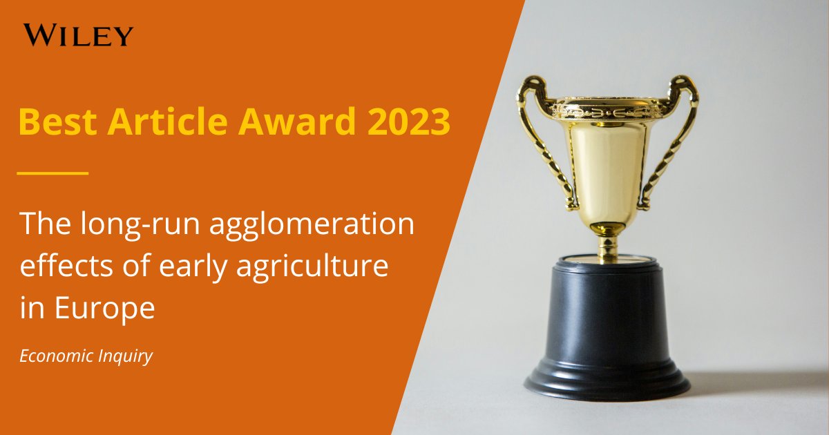 "The long-run agglomeration effects of early agriculture in Europe" by <a href="/ACDickens/">Andrew Dickens</a> and <a href="/NippeLagerlof/">Nippe</a> has won <a href="/InquiryWEAI/">WEAI Economic Inquiry</a>'s Best Article Award for 2023! 🏆

Read the full #OpenAccess article below. 
ow.ly/qA5H50QSvKL