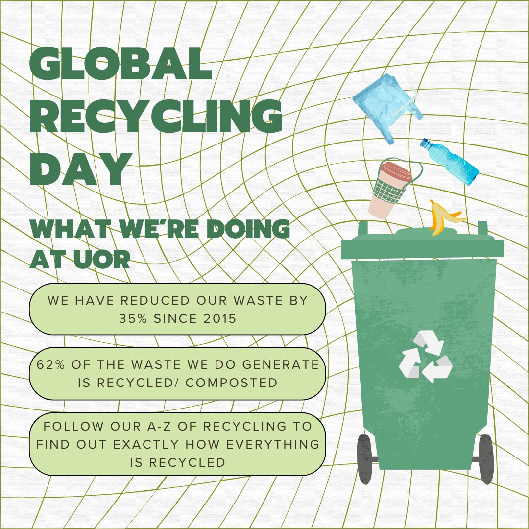 This global recycling day we're focusing on reducing our waste at the source however from the waste we do generate, 65% of it is recycled or sent to compost, find out how you can reduce your waste and recycle correctly! sites.reading.ac.uk/sustainability… #wastereduction #recyclingday