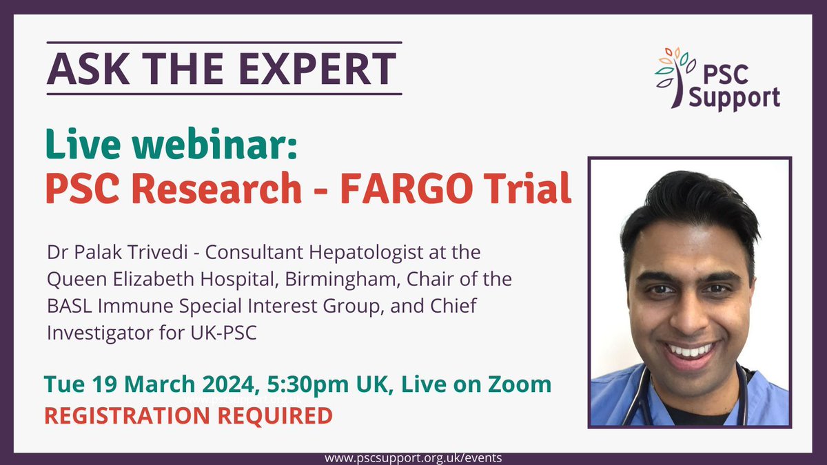 PSCSupportUK's tweet photo. Just one more day before we're joined by Dr Palak Trivedi for our March Ask the Expert live webinar. There's still time to join us for this free event available to anyone affected by PSC. https://t.co/FXV1lATbkI #LetsBeatPSC #PSCExpert #PSC https://t.co/PDUtfPcJd8