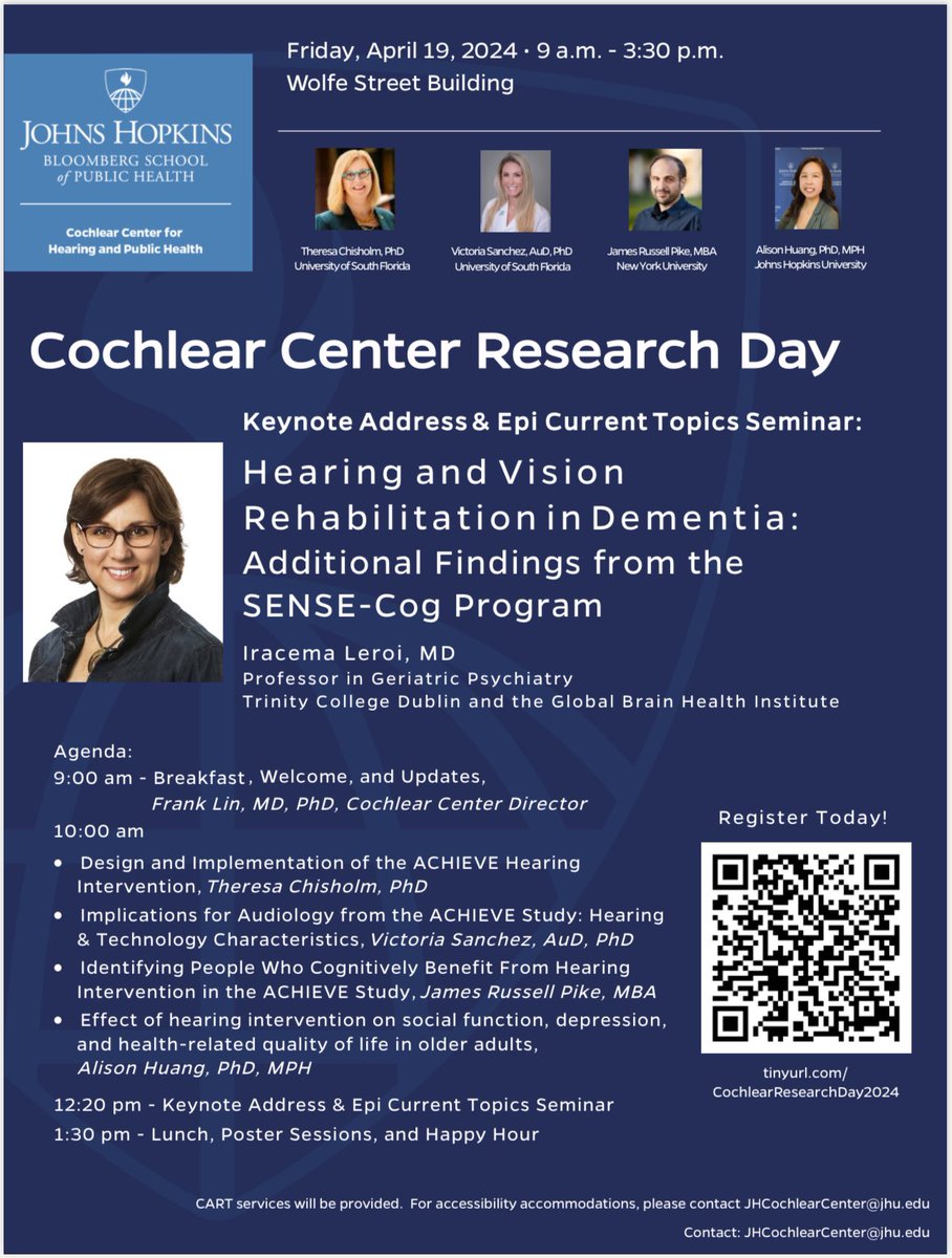 Check out the Cochlear Center Research Day on Friday 4/19/24! @JHSPH_Hearing