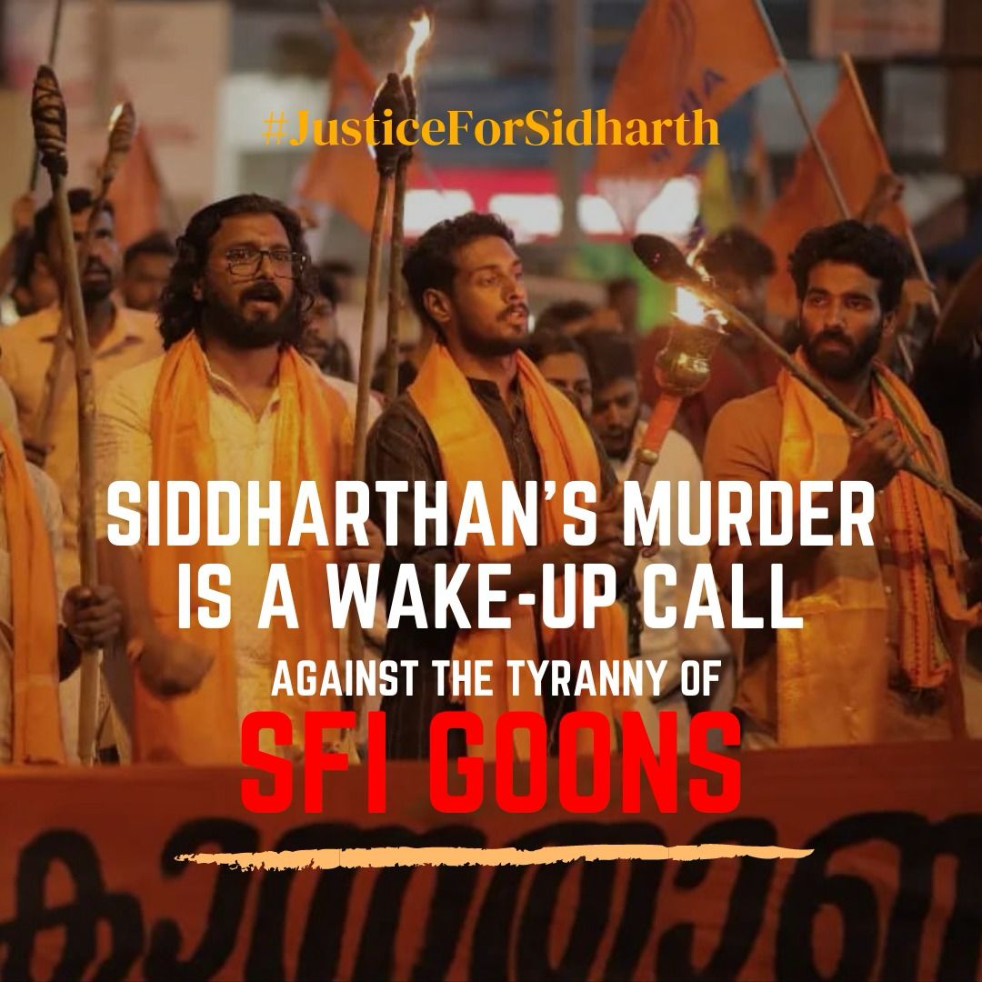 AbvpKarur's tweet photo. The extreme moral policing and ragging, orchestrated by the SFI-led student union at KVASU,
Kerala, has tragically taken the life of Sidharth, a second-year veterinary student.
#JusticeForSidharth
Unite against red terror. #JusticeForSidharth https://t.co/3ml8pDBqzp