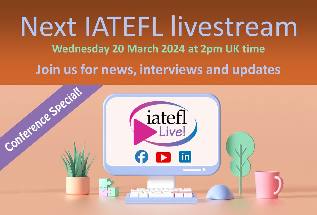 Join us Wed at 2pm UK time for our next livestream focused on next month's #IATEFL2024 conference. We'll meet another of our plenary speakers, Rose Aylett, & talk with Armanda Stroia about her recent Voices article. Live on Facebook, LinkedIn & YouTube or catch up afterwards.