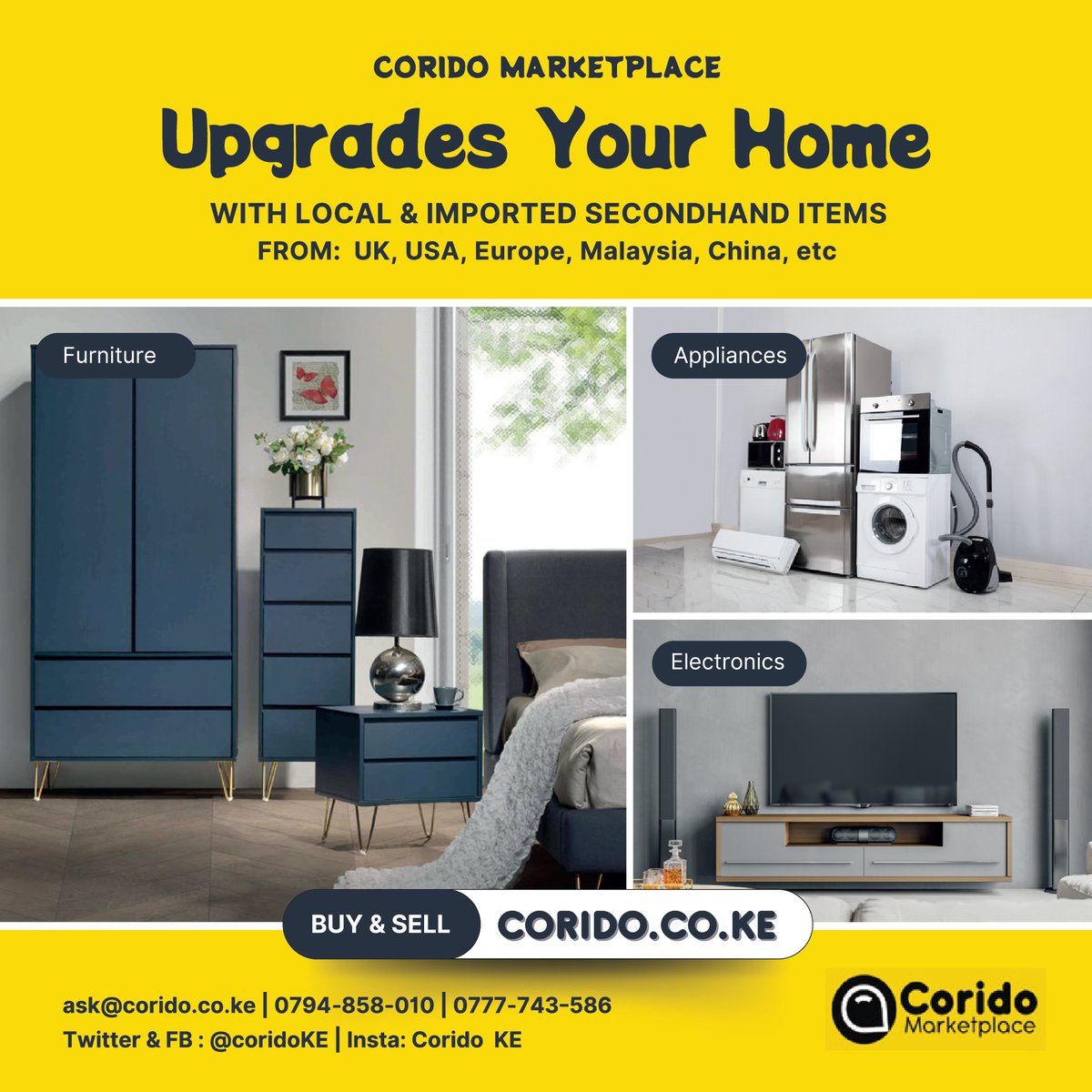 StandardKenya's tweet photo. Upgrade your home with global treasures from Corido Marketplace! ππ‘
Find secondhand furniture, appliances, and electronics from around the world at https://t.co/an3bSBltoe.
Contact us at ask@corido.co.ke or call 0794858010 / 0777743586. #CoridoMarketplace #AD https://t.co/McbTWICyxF