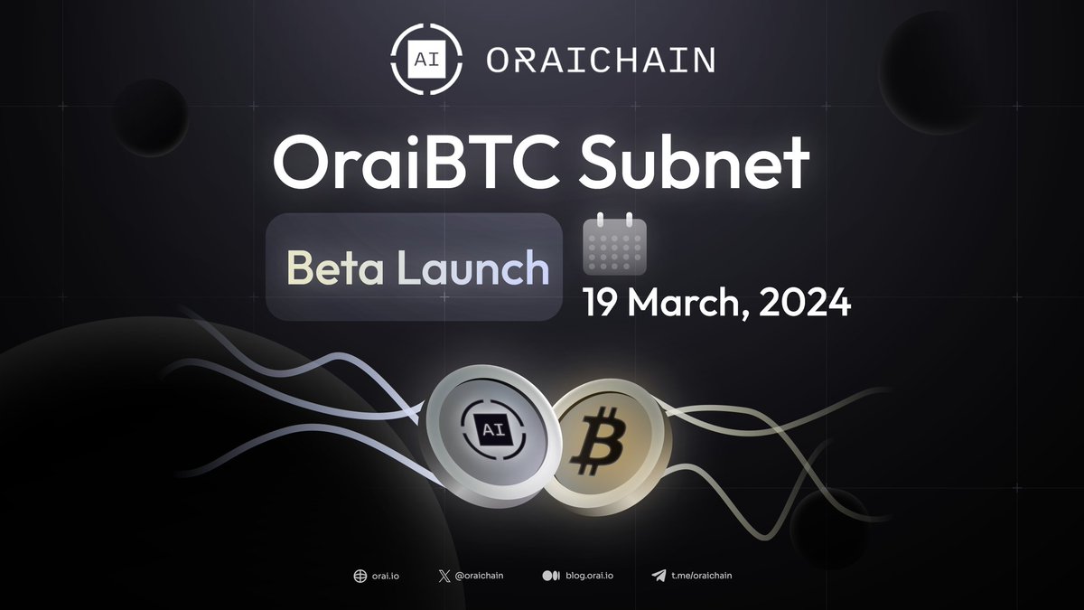#OraiBTC Subnet Beta is set to launch TOMORROW, March 19th! 🔥 

⚡️ Swap your $BTC directly for $ORAI within the Oraichain network
🌉 Bridge tokens between #Bitcoin <--> #Oraichain

Early bird gets the worm! 🪱 Join us first &amp; unlock the surprise – can you guess what it is?  👀