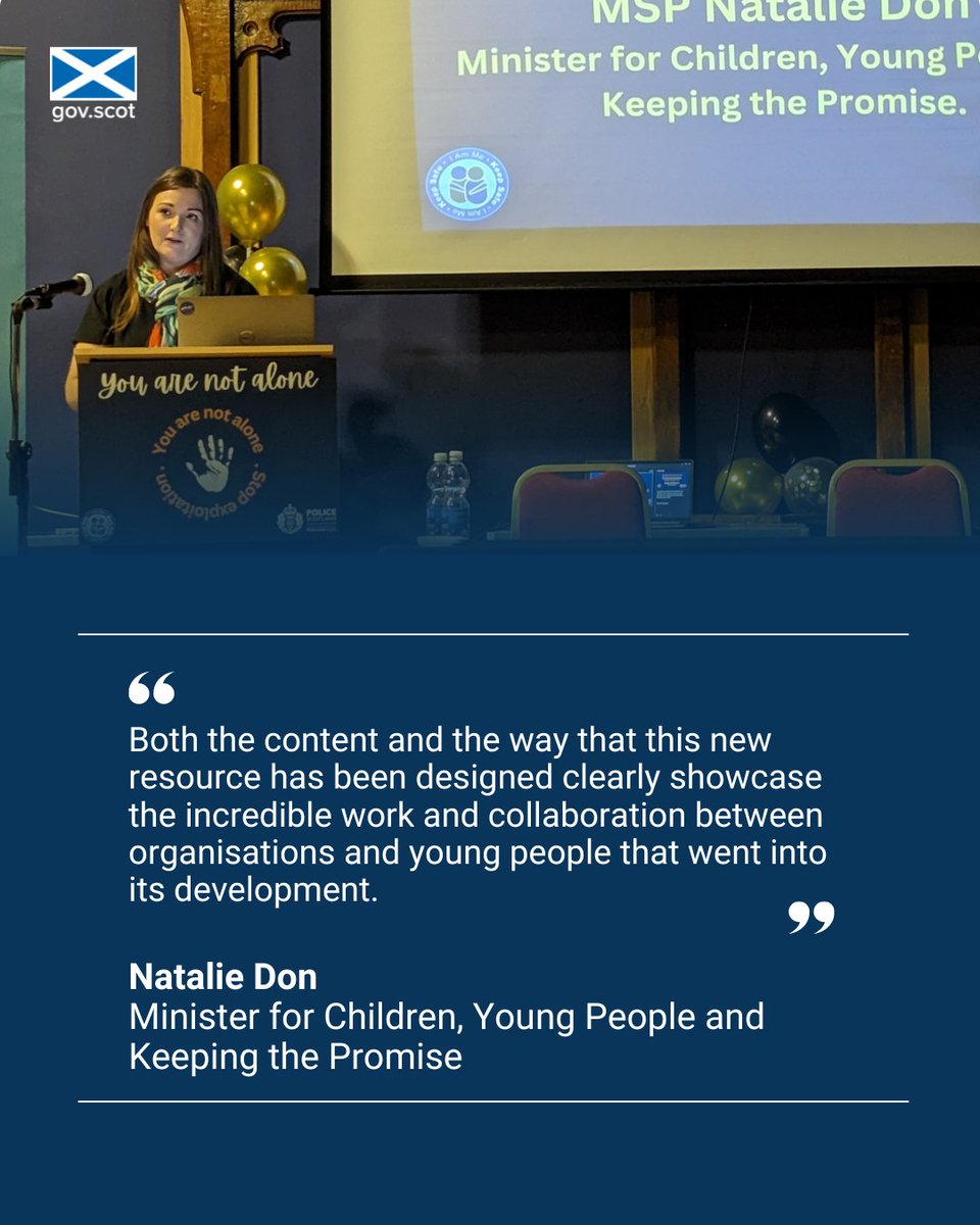 Minister for Children, Young People and Keeping the Promise @NatalieDon_ spoke at the launch of 'You Are Not Alone' - a brand new child exploitation awareness resource produced by @IammeScotland and @PoliceScotland. Find out more at bit.ly/3ICEfSN