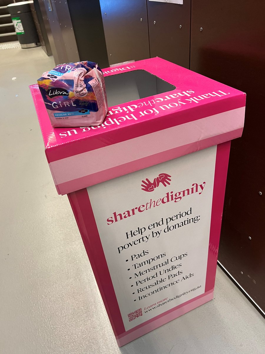 'Goal in 2024 to collect 500,000 period products as part of March & August Dignity Drives'. Read more about how you can help here: sharethedignity.org.au . This collection box @UTSFEIT. Hopefully in @UTS_Science in August too #ShareTheDignity #EndPeriodPoverty