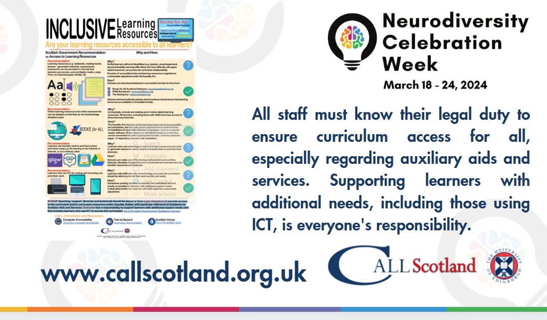 Do your staff know their legal duties in terms of creating inclusive learning resources? Our free poster can serve as a useful reminder of what should be considered when planning for our neurodivergent learners. #NeurodiversityCelebrationWeek #ThisisND callscotland.org.uk/downloads/post…