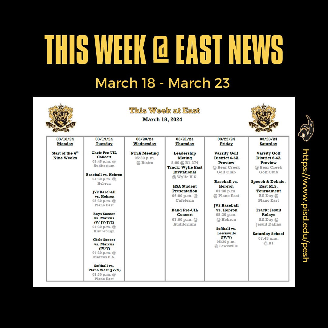 Here is a preview of what is happening this week at East!