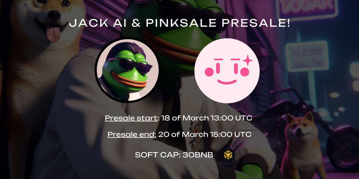 CryptoMiners_Co's tweet photo. Get ready for the @JACKAI_BSC presale launching in just 1 hour! 

Join the meme & AI bullish season with JACK AI, the uncle of PEPE, SHIBA INU, DOGE, and more! No private sale, no team tokens, LP locked for 180 days. 

Audited by Coinsult. Don't miss out! #JACKAI #BSC #crypto

🚀 Pinksale: https://t.co/XE2BdY7tV6

🌐 Website: https://t.co/eSVz22KdhX
📱 Telegram: https://t.co/YT8gR0w8Gg