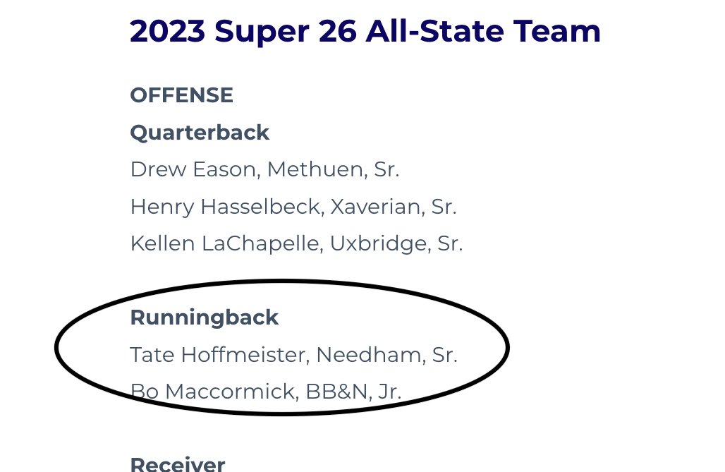 There are about 27,000 high school football players in MA.

<a href="/HoffmeisterTate/">Tate Hoffmeister</a> is one of the Top 26.

A tremendous honor for one of the greatest NHS Rockets of all time.

Can't wait to see what he and three of his fellow All-State recipients do at <a href="/TrinCollFB/">Trinity College Football</a> this Fall.

🚀🏈💪