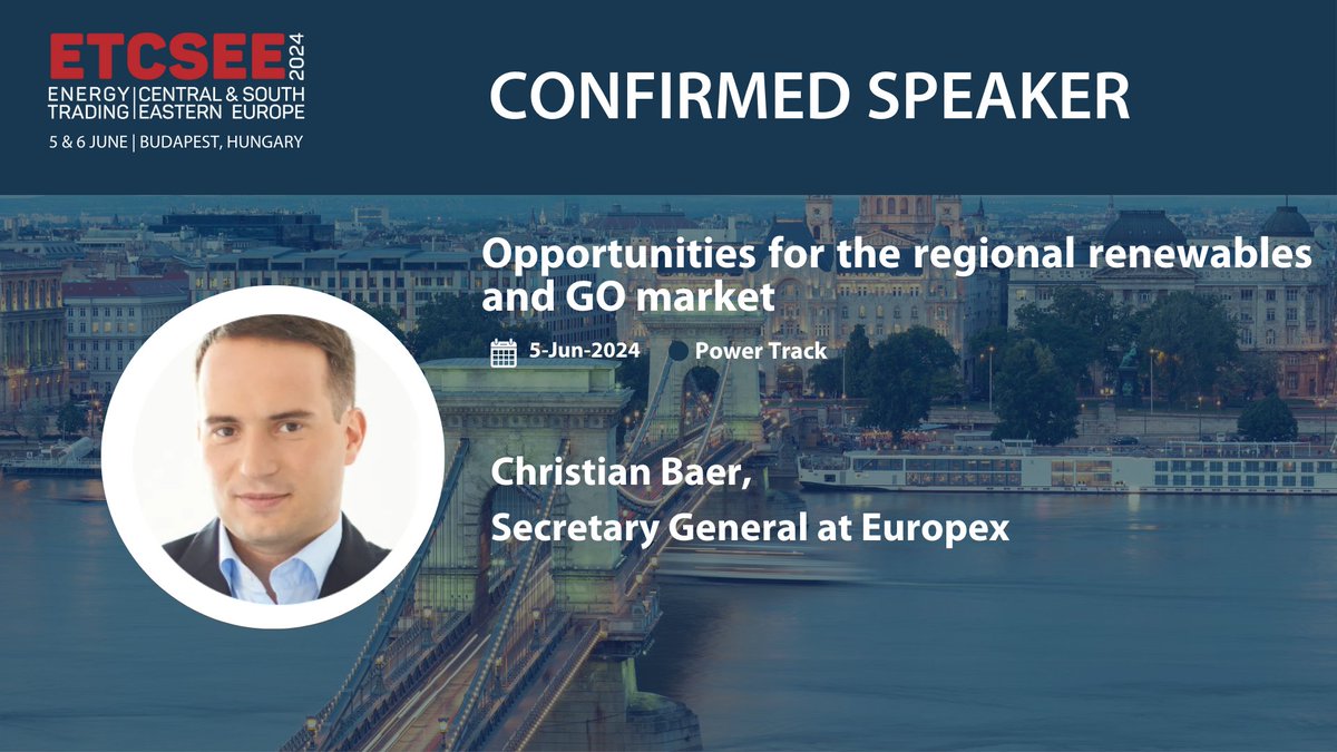 🧑Speaker Alert! Christian Baer, Secretary General of Europex, as Chairperson is coming to ETSCEE 2024 to speak about "Opportunities for the Regional Renewables and GO Market" in the Power Track.Mark your calendars and be part of the discussion! energytradingcsee.com/programme#Prog…