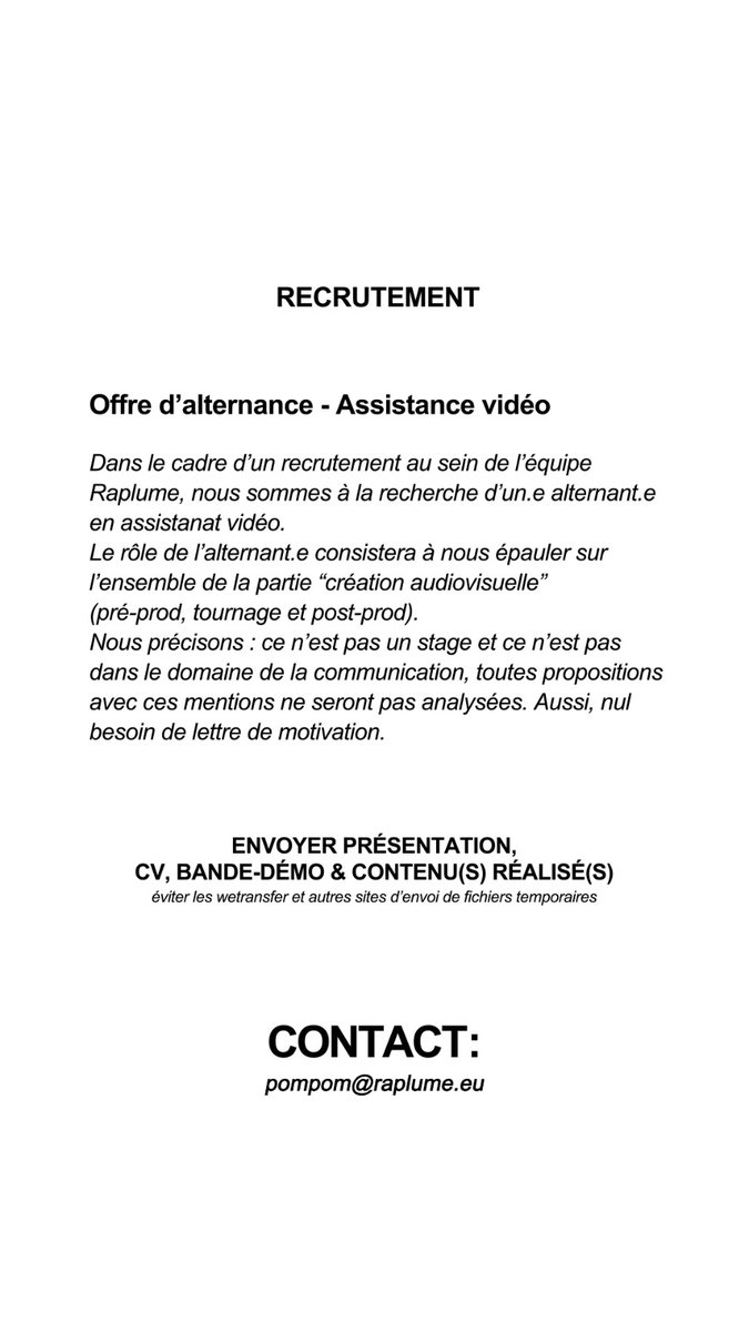 antoinepmr's tweet photo. Raplume recrute un.e alternant.e dans l'assistanat vidéo. https://t.co/I16FNxQcxf