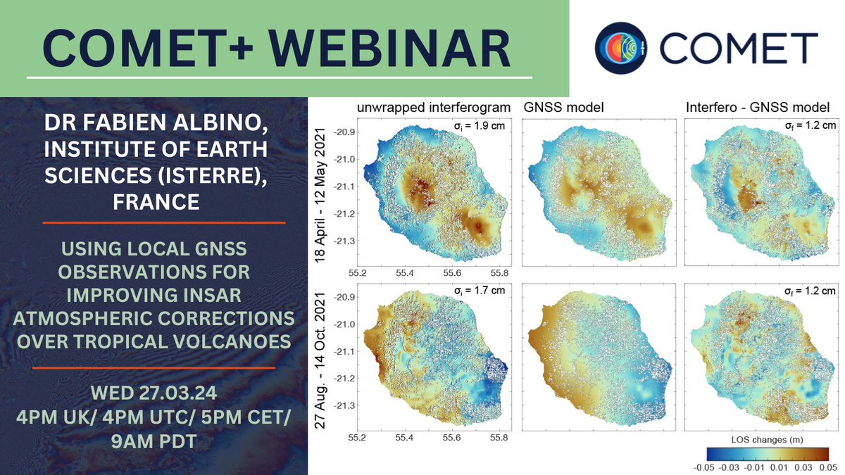 COMET invites you to our next @NERC_COMET+ webinar👇 Dr Fabien Albino (@FabienAlbino), @ISTerre_fr Using local GNSS observations for improving InSAR atmospheric corrections over tropical volcanoes 27th March 2024 at 4pm UK time Please register at: universityofleeds.zoom.us/webinar/regist…