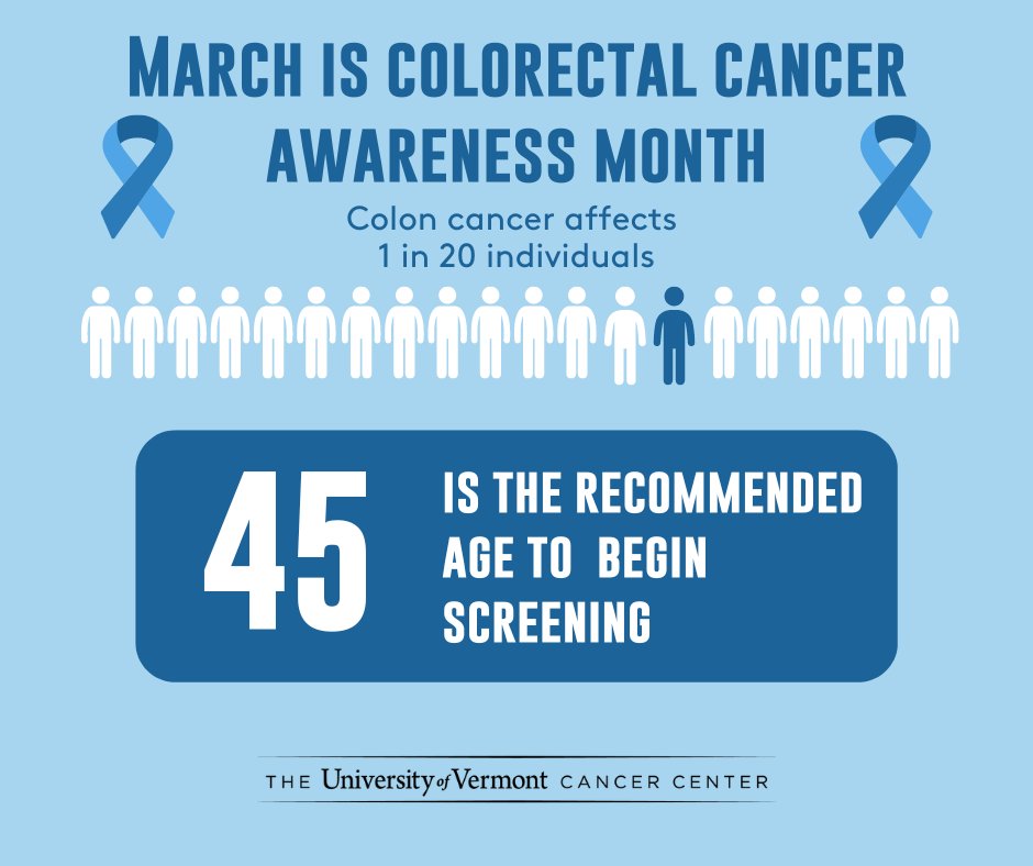 March is colorectal cancer awareness month. 💙🎗️ With regular screening, almost all colorectal cancer can be prevented. If you are 45 or older, please talk to your doctor about screening options. For more resources visit: vtaac.org/resources-2/cr… @UVMLarnerMed @UVMMedCenter
