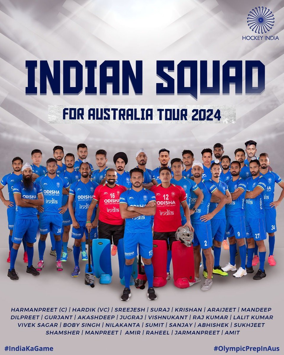 #HockeyIndia named the 27-member Indian Men's Team for the upcoming Australia Tour starting on April 6 in #Perth, Australia.  

The team led by #HarmanpreetSingh and vice-captained by #HardikSingh will take on the hosts in the five-match series.