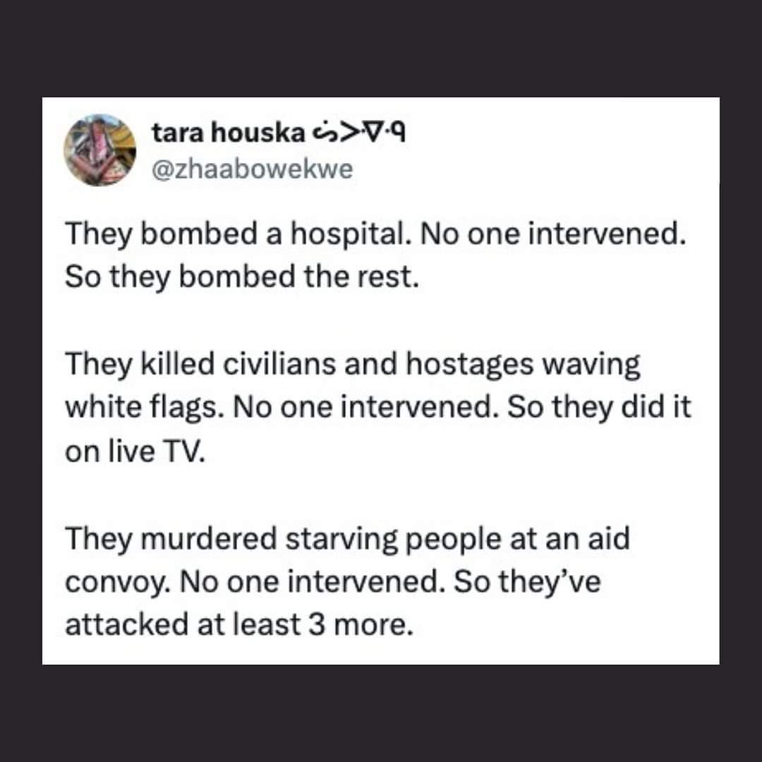 EVERYTIME you and I don't speak up, their ATROCITIES and criminal acts MULTIPLY.

Just by not SPEAKING, I'm afraid it makes us COMPLICIT.

KEEP SPEAKING AND CALLING OUT FOR THEIR CRIMES AGAINST HUMANITY.

#AbolishUNVETO #BoycottIsreal #BoycottIsraeliSupporters #GazaGenocide