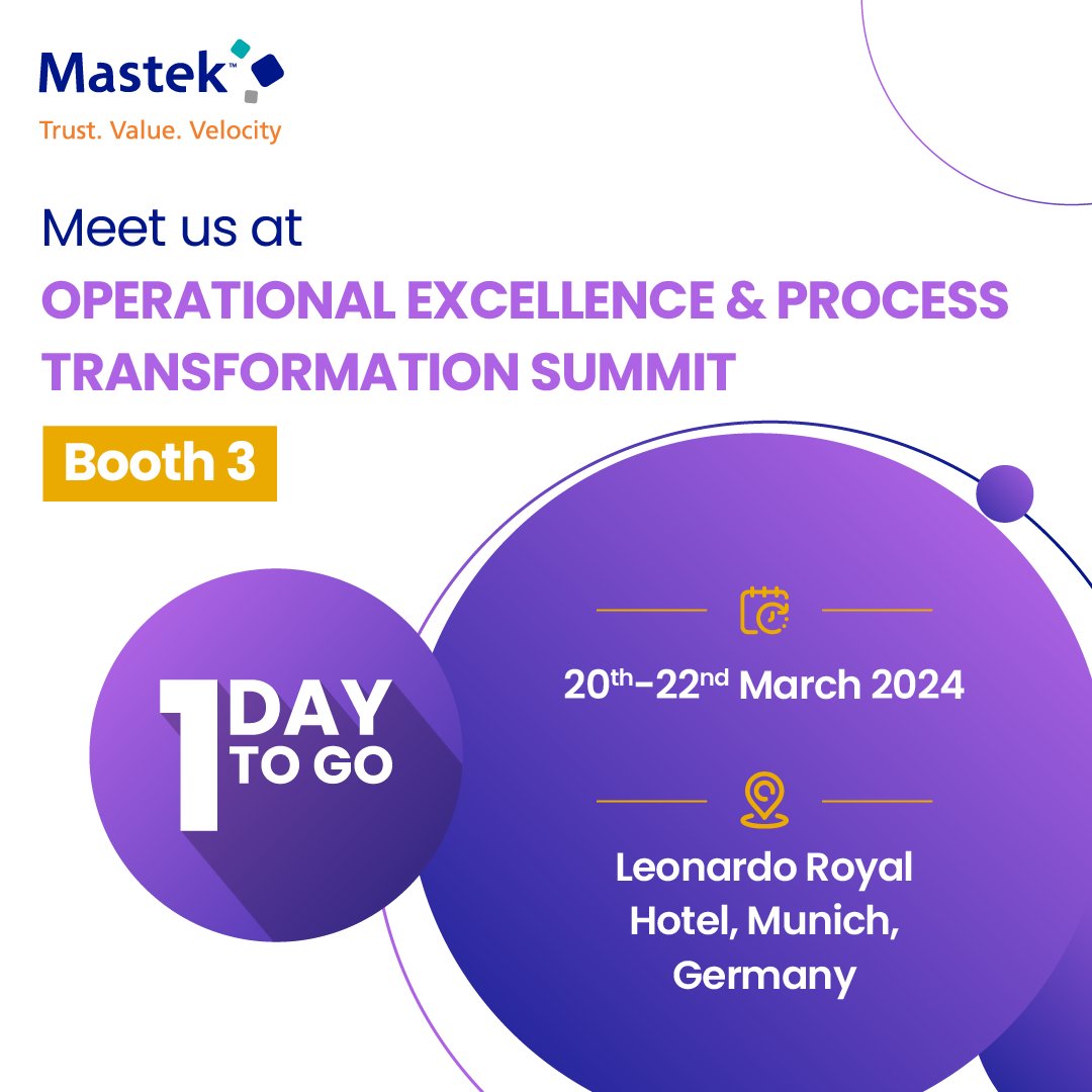 Mastekltd's tweet photo. We are sponsoring the Operational Excellence &amp; Process Transformation Summit, March 20th to 22nd 2024, in Munich, Germany! Join us at Booth 3 to connect with the Mastek team. 

We look forward to meeting you there!

#Opex #BPM #OracleCloudWorldtour #Mastek #Oracle https://t.co/PWJqDaGt51
