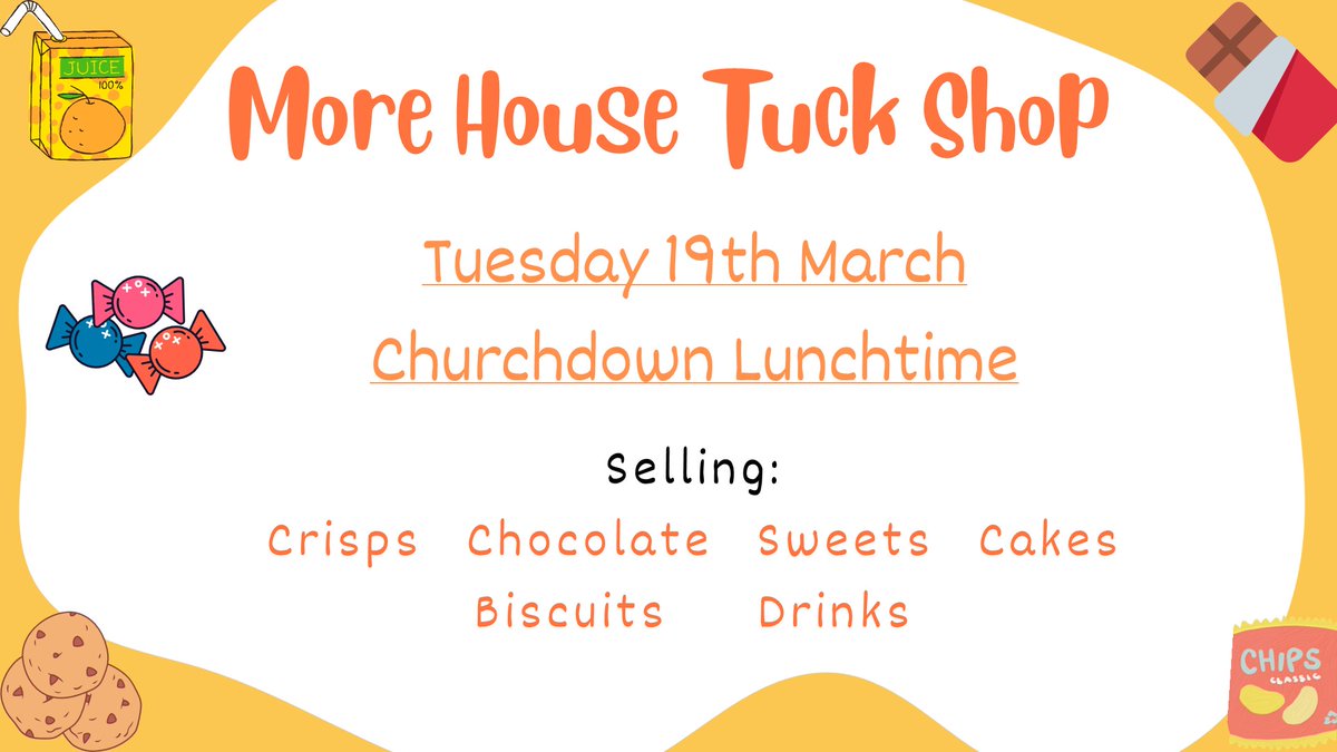 🍬 Exciting news! More House will be holding a charity tuck shop tomorrow with delicious treats to choose from! Don't miss out on satisfying those cravings. See you there! 😋🍫 #TuckShop #YummyTreats #SnackTime