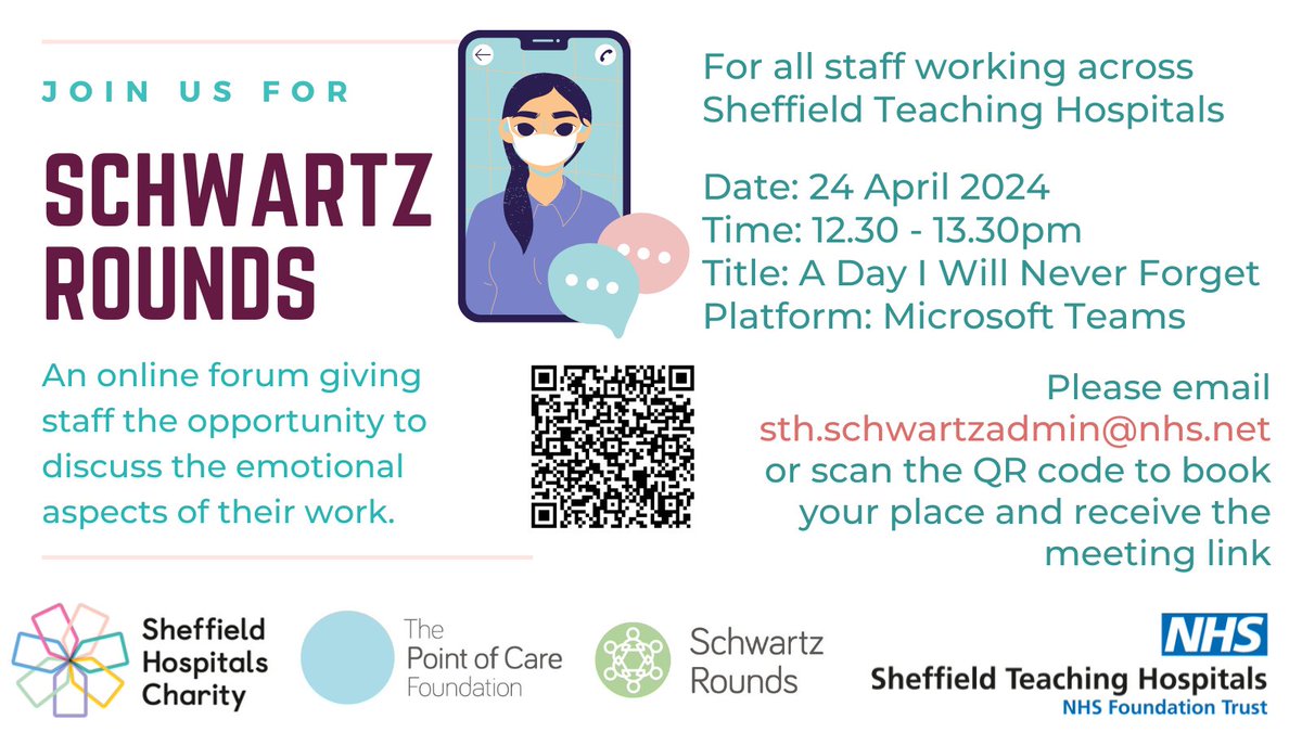Our next Schwartz Round will be on: 📅 Wednesday 24 April 🕒12.30 - 1.30pm 📄A Day I Will Never Forget Do you have a story to share at this round or future rounds? We'd love to hear from you! Email sth.schwartzadmin@nhs.net Thank you to @SHCFundraising for their support