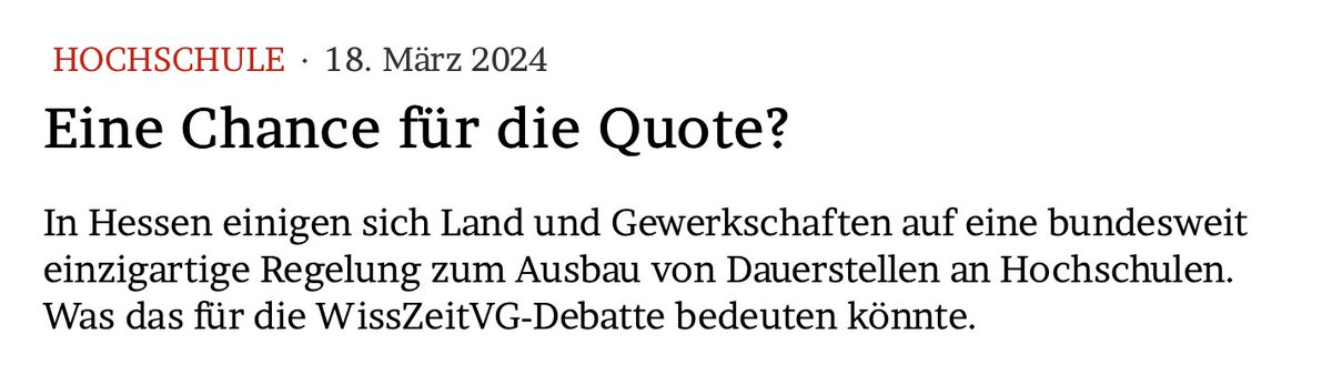 Eine Chance für die Quote?

In Hessen einigen sich Land und Gewerkschaften auf eine bundesweit einzigartige Regelung zum Ausbau von Dauerstellen an Hochschulen. Was das für die #WissZeitVG-Debatte bedeuten könnte. #IchbinHanna

Im Blog: jmwiarda.de/2024/03/18/ein…