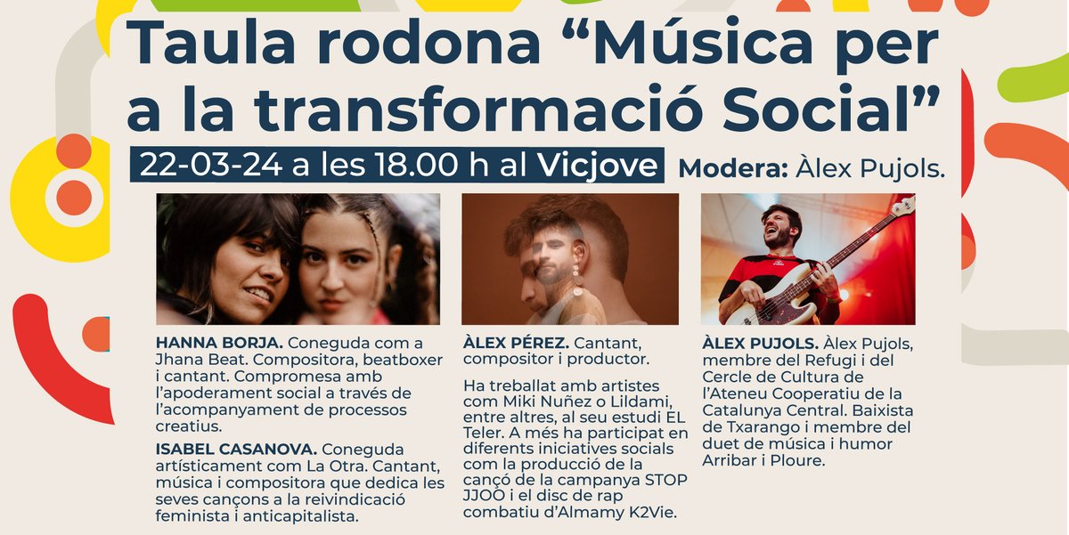 vic_cooperacio's tweet photo. 📢La música com a eina de transformació social serà el tema de debat aquest divendres a la tarda al @vicjove.
Una taula amb #IsabelCasanaova "La Otra", #JhanaBeat @alexperezmusic_ i @Alex_txarango.
No t'ho perdis!
Amb la col·laboració de a #LaClaquetaSocial i #ElRefugi https://t.co/V7Uu69A0NP