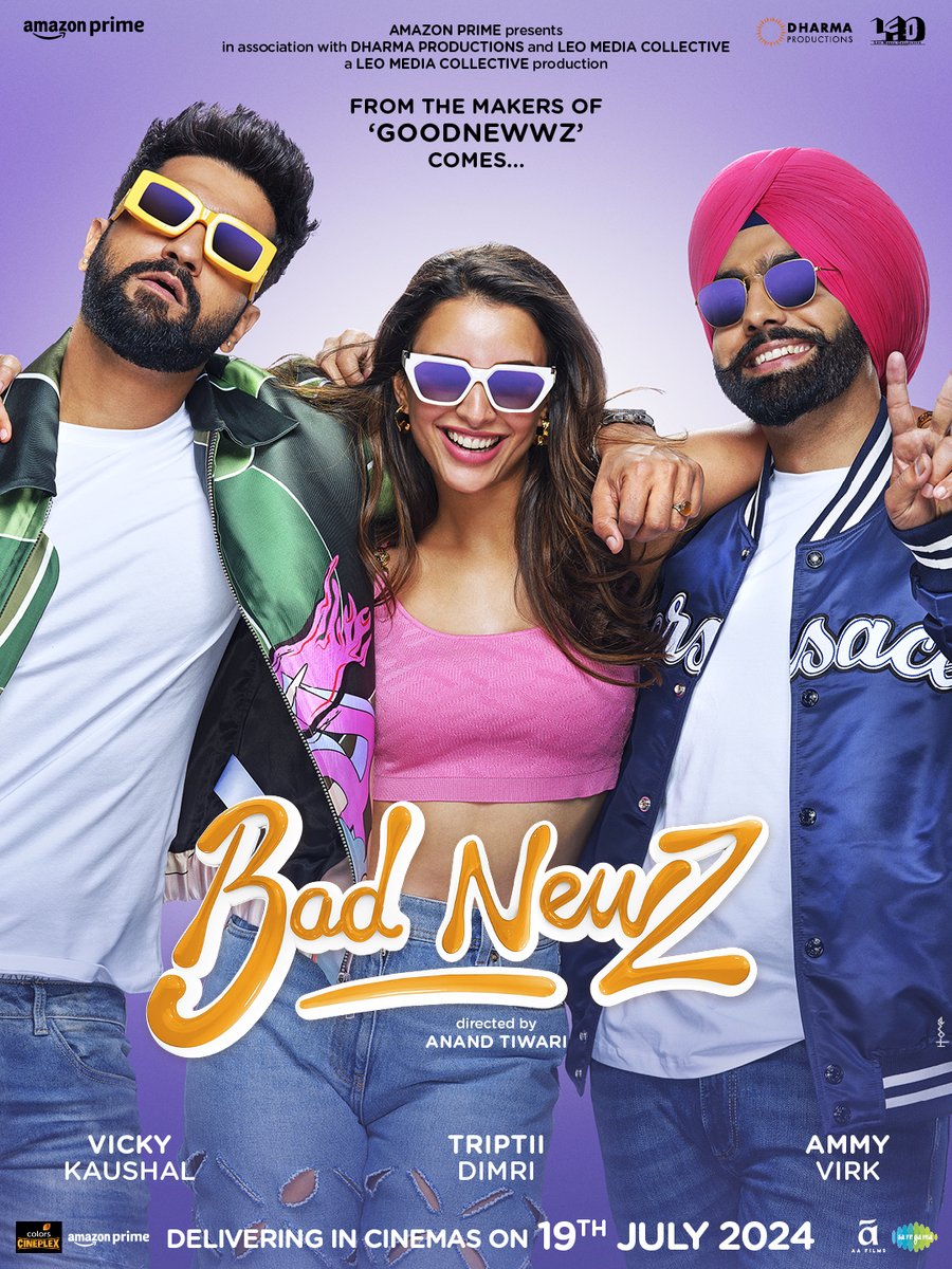 BREAKING THE GOOD NEWS TO YOU - IT'S #BADNEWZ!🥳🎬
Doubling up the quotient of entertainment, laughter & twists with this one.

In cinemas on 19th July 2024!

#KaranJohar @apoorvamehta18 #AmpritpalSinghBindra @anandntiwari @somenmishra0 @dimplemathias @vickykaushal09