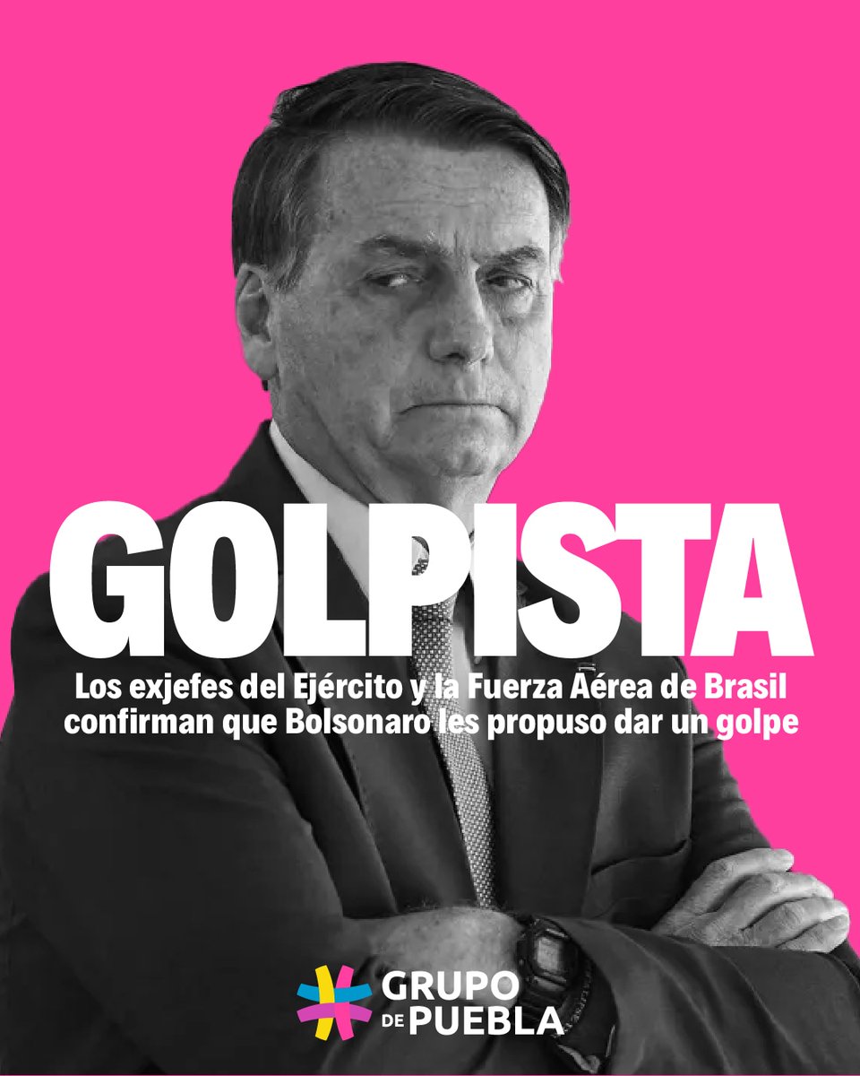 ProgresaLatam's tweet photo. BOLSONARO GOLPISTA

Las revelaciones conocidas esta semana sobre la solicitud planteada por el entonces Presidente Bolsonaro a altos mandos de las Fuerzas Armadas durante su gobierno para dar un golpe de Estado al candidato ganador de la Presidencia Luis Inázio Lula da Silva ⬇️ https://t.co/MQJN8wubKK