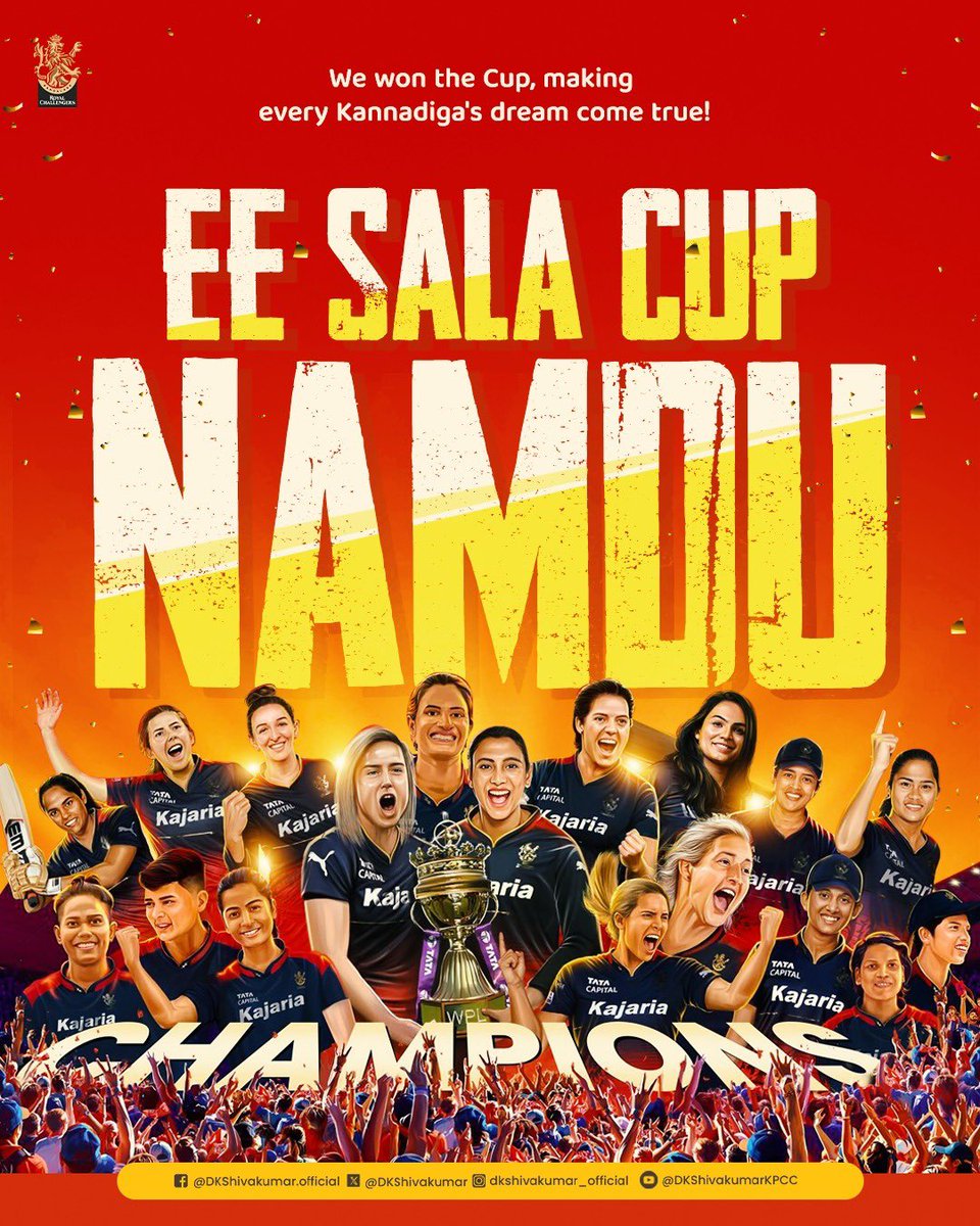 DKShivakumar's tweet photo. Congratulations to the wonder women of RCB, the champions of WPL 2024. Kudos for superlative display of cricketing prowess and teamwork today. 

Special shoutout to @shreyanka_patil, Karnataka’s gifted medium pacer, for her stellar 4 wicket haul. 

A victory well deserved.
#EesalaCupNamdu