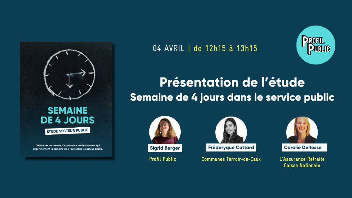 #Semainede4jours dans le service public : débattons-en ensemble le jeudi 4 avril ! 😉 L'occasion d'évoquer les avantages mais aussi les contraintes et les facteurs de réussite ou d’échec de cette mesure. ⏰RDV jeudi 4 avril de 12h15 à 13H15 ! S'inscrire : lnkd.in/dXnZgn5A