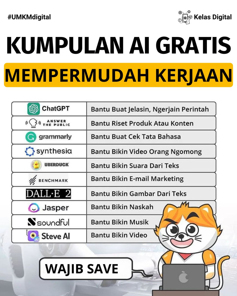 darmawanhakim_'s tweet photo. WAJIB SAVE!!

Kumpulan AI yang bisa bantu kerjaan teman teman Creator / UMKM

Jika bermanfaat bantu share ya, biar banyak yang tahu juga.

Mau tips &amp; trik bermanfaat lainnya? cek disini yah ☟
https://t.co/c6sUE9rp2I

#umkm #Ai #DigitalMarketing #tipstrik https://t.co/vdhIAtBkaR