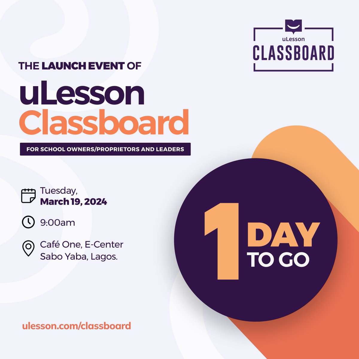 ulessonapp's tweet image. IT'S TOMORROW!🎉🎉🎉
One more day until you experience the #classroom #revolution at the #uLessonClassboardLaunch in #Yaba, #Lagos!🤩✨
We look forward to sharing the power of #education #technology with you!🥳
Set your reminder now! See you there!💜
#uLesson #uLessonClassboard