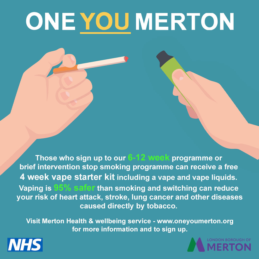 Those who sign up to our 6-12 week programme or brief intervention Stop Smoking programme can receive a FREE 4 week vape starter kit. 🚭 #stopsmoking #smokefree #swaptostop #oneyoumerton