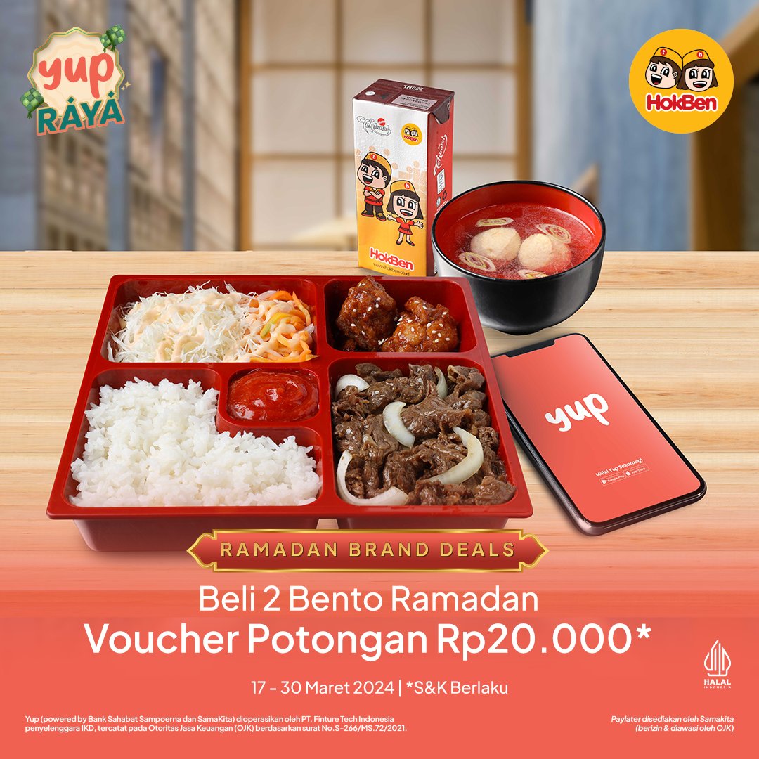 thinkyup_id's tweet image. Waktunya buka puasa bersama Yup
Beli 2 Bento Ramadan di @HokBen bisa dapet Voucher potongan Rp20.000* lohh, khusus dari 17 - 30 Maret selama keseruan Yup Raya 

Cek selengkapnya di sini: yupmkt.onelink.me/9NvA/RBhbs

#Yup #AggregatorForBetterPaylater #RayakanBersama #YUPRAYA